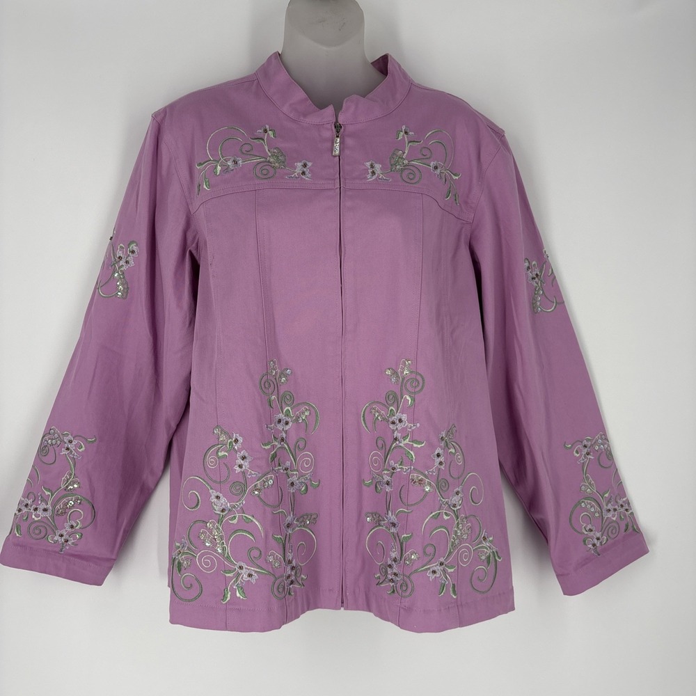 Quacker Factory Shirt Jacket Womens XL Pink Lavender Floral Sequined Embroidered